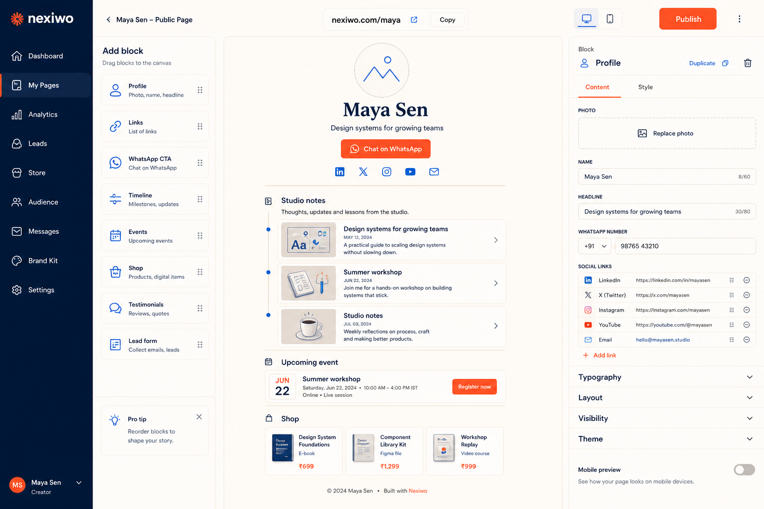 Nexiwo Page Studio with blocks, live page preview, brand controls, social profiles, events, and products